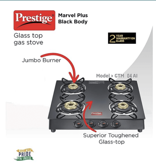 Prestige Marvel Plus 4 Burner Glass Top Gas Stove, GTM 04, Black, Manual - Image 2